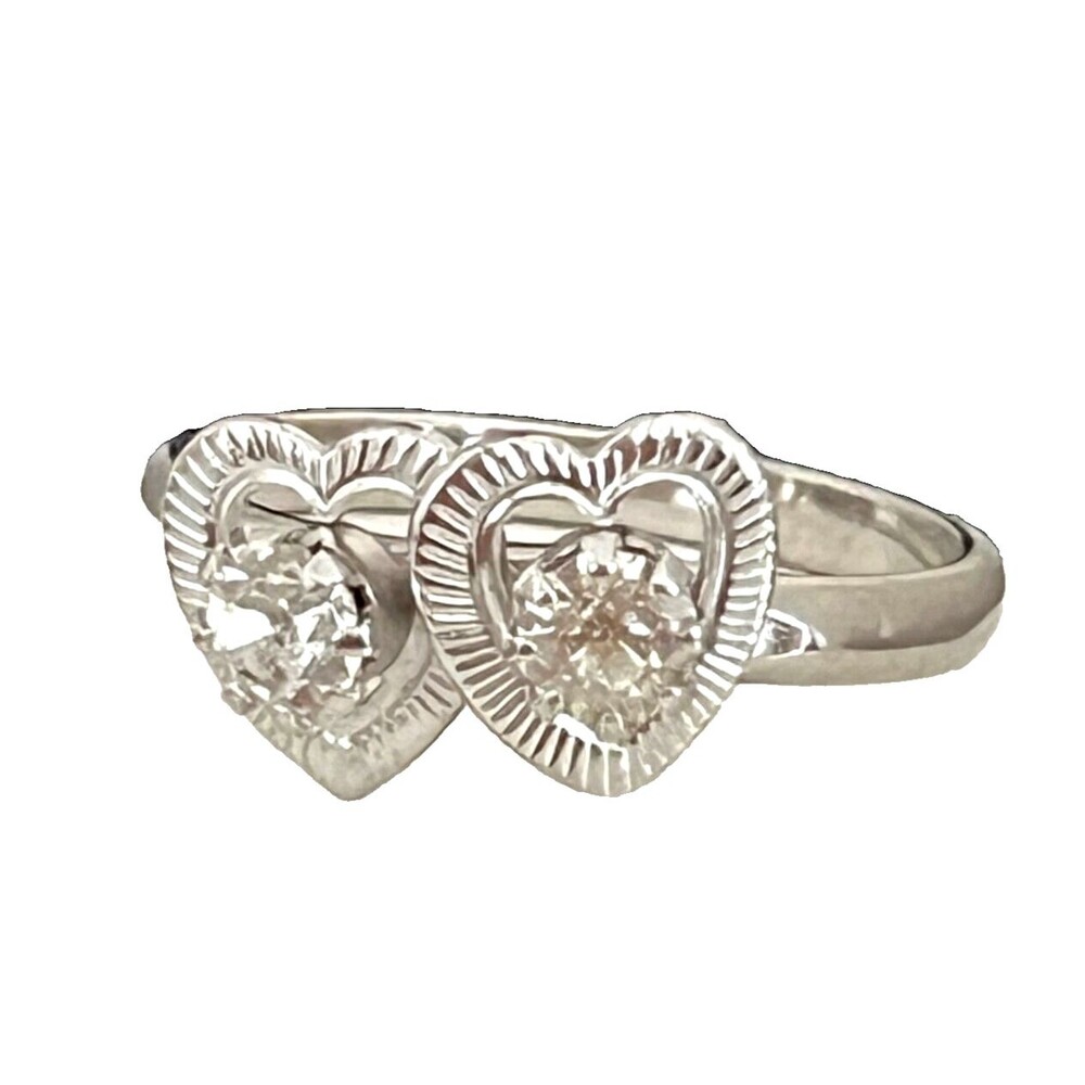 Vintage 1960s Heart Ring Silver Tone Rhinestones Mid Century Modern - 4J